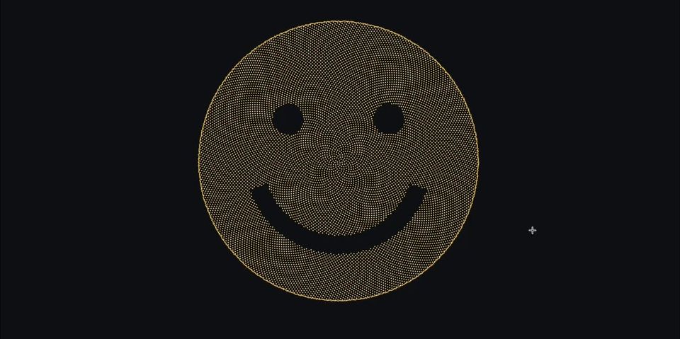 Smiley face drawn from thousands of tiny gold particles on a black background