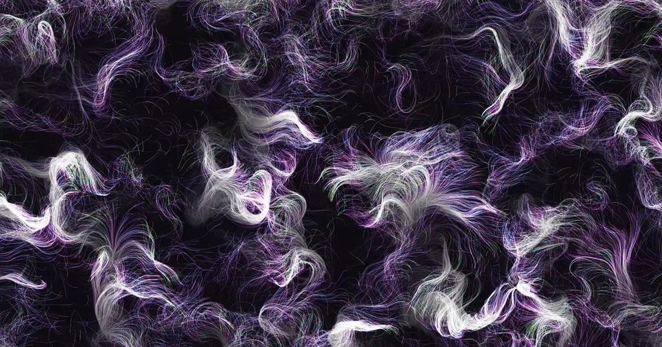 Swirling white and purple particle trails forming a flow field pattern on a black background