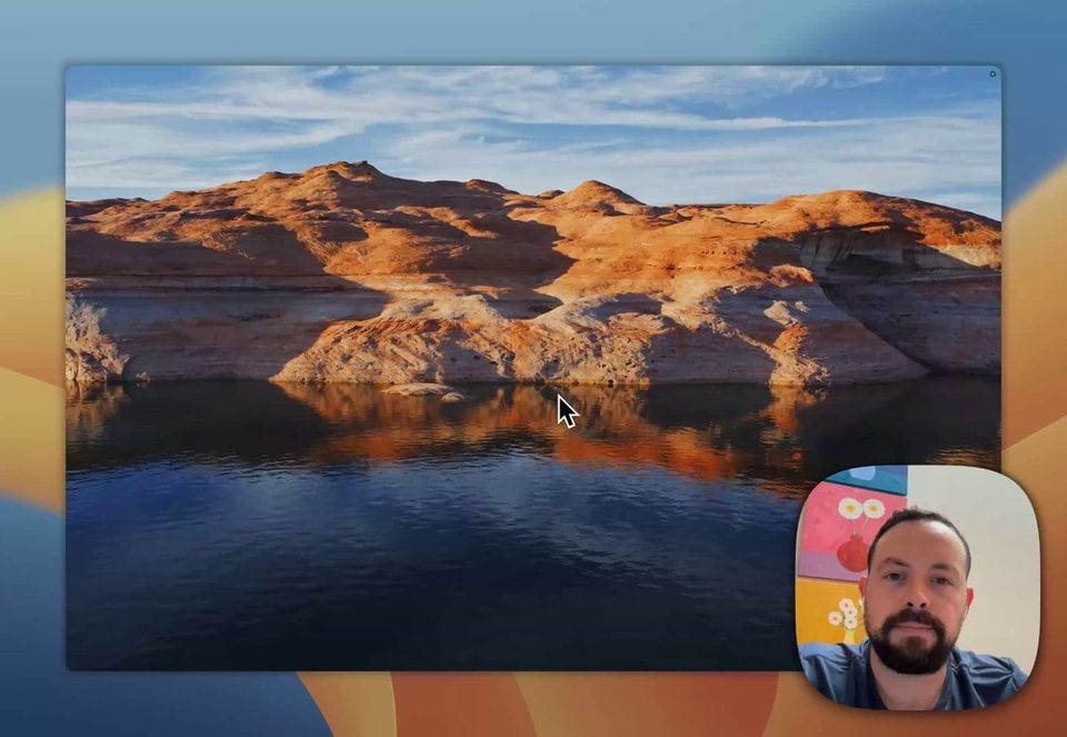 Sam on webcam over a screen recording of a desktop with a canyon lake wallpaper and gradient backdrop