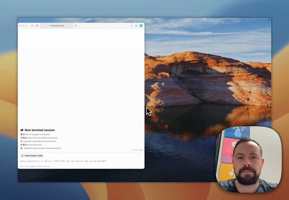 Sam on webcam beside a Warp terminal window opened to a todo project folder