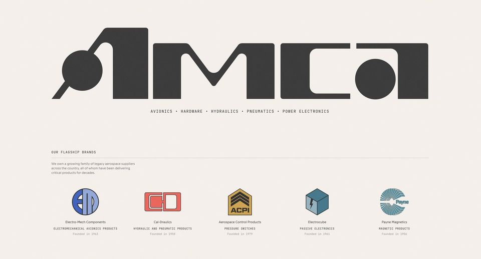 Amca geometric wordmark above five retro logos for flagship brands like Cal-Draulics, ACPI and Payne Magnetics