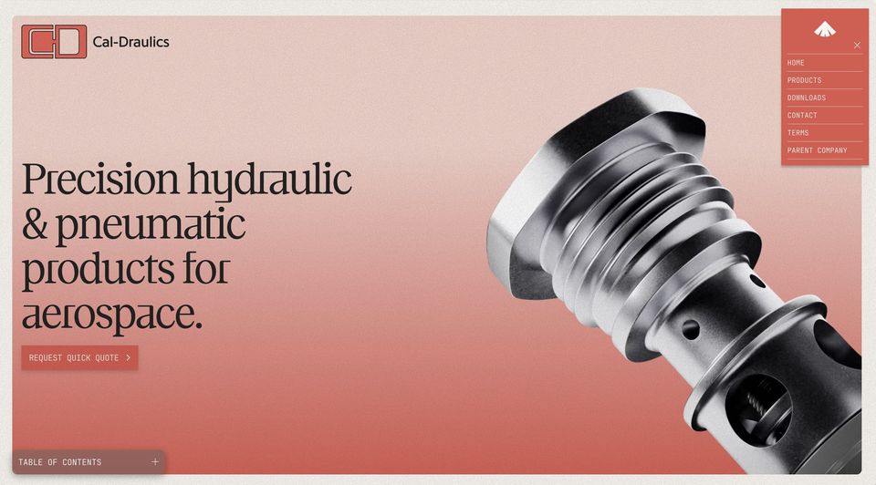 Cal-Draulics site reading Precision hydraulic and pneumatic products for aerospace beside a chrome fitting