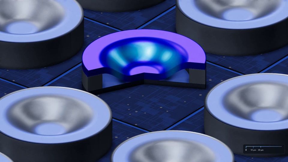 3D rendering of microscopic cone-shaped wells on a chip, one cut away and glowing blue, with a 20 µm scale