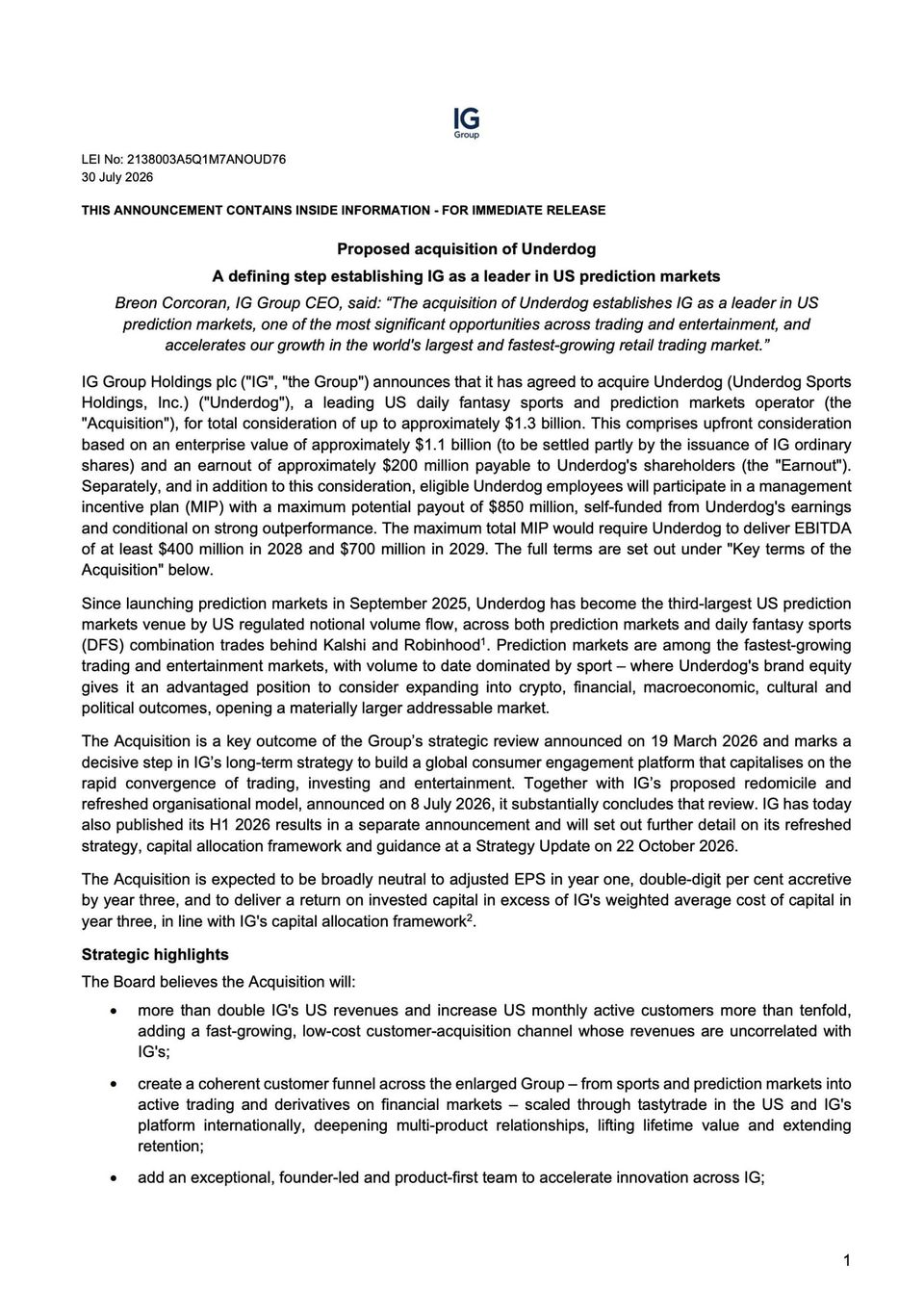 IG Group announcement of its proposed acquisition of Underdog for up to $1.3 billion to lead in US prediction markets