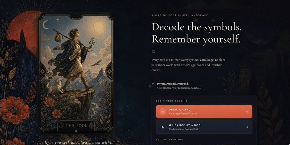 Tarot site with an illustrated The Fool card beside the headline Decode the symbols. Remember yourself
