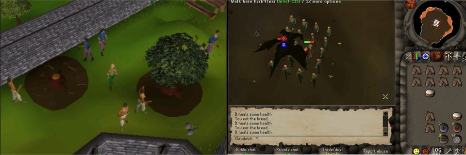 Two RuneScape screenshots of crowds of AI agent players chopping trees and swarming a monster