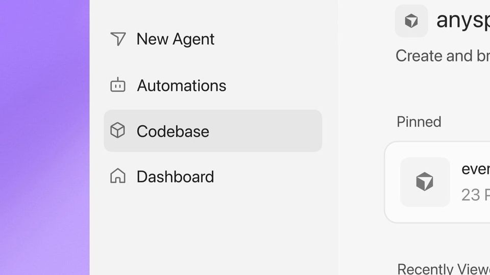 Cursor Origin sidebar with New Agent, Automations, Codebase and Dashboard items on a purple gradient background
