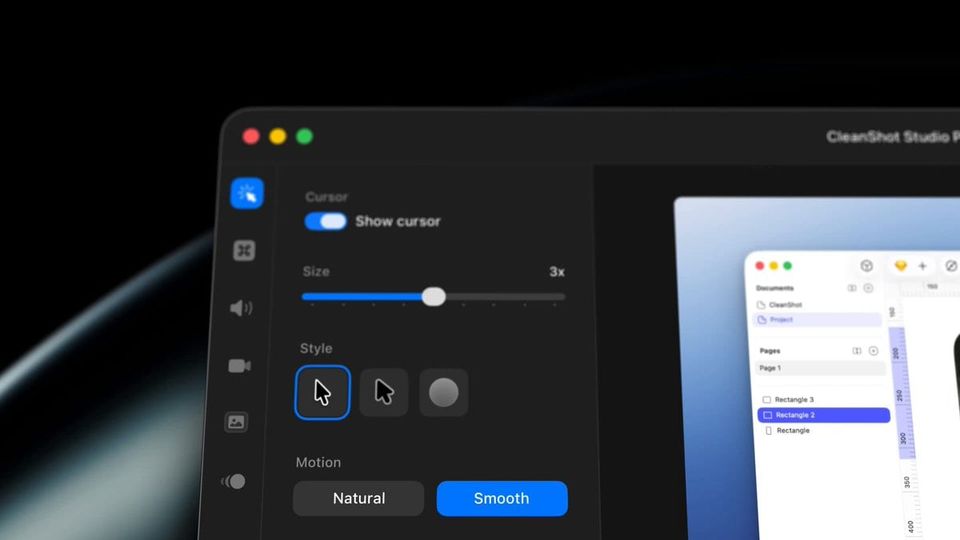 CleanShot Studio cursor settings with Show cursor on, a 3x size slider, style options and Natural or Smooth motion