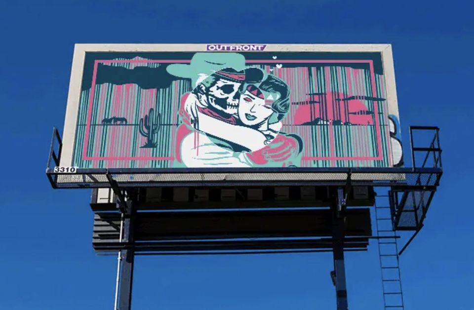 Billboard of a skeleton cowboy embracing a woman in teal and pink desert art