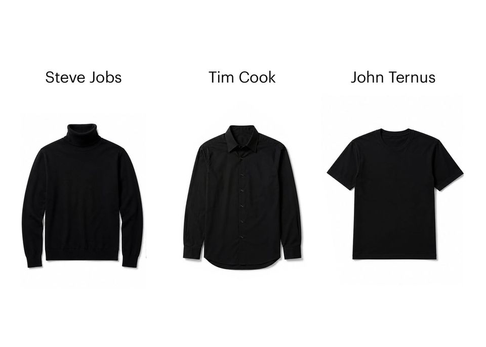 Black turtleneck labeled Steve Jobs, black button-up labeled Tim Cook and black T-shirt labeled John Ternus