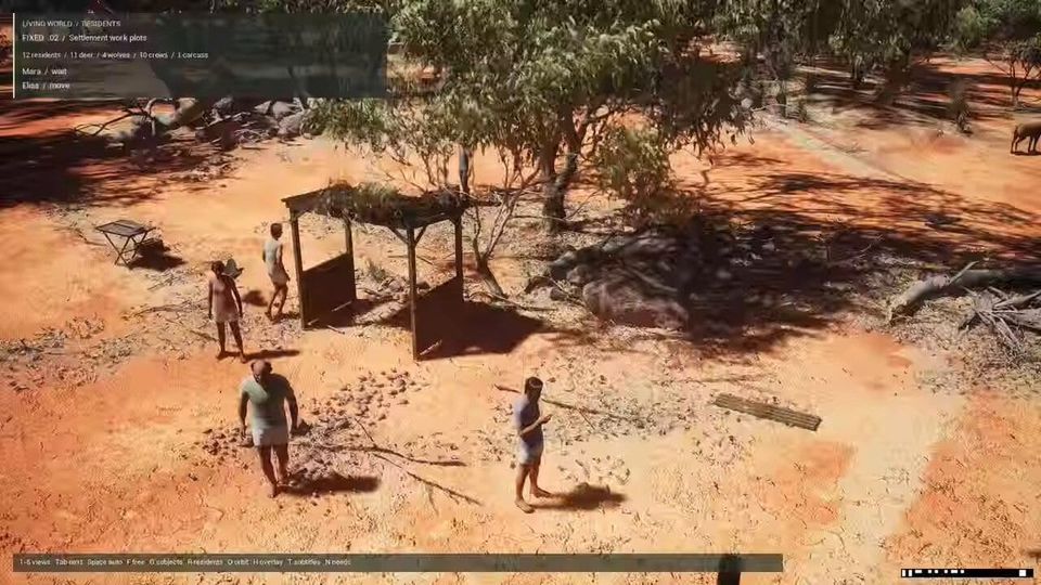 Unreal Engine scene of simulated people in a sunlit red-dirt settlement with a Living World residents overlay
