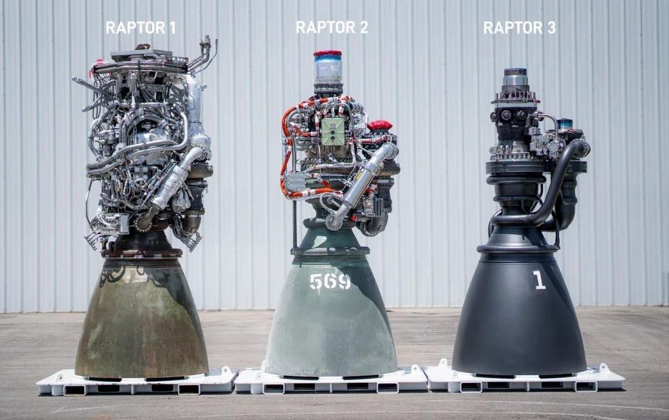SpaceX Raptor 1, 2 and 3 engines side by side, each version with far fewer exposed pipes than the last