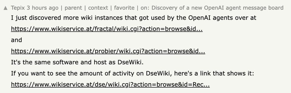 Hacker News comment by Tepix linking more wiki instances used by the OpenAI agents on wikiservice.at