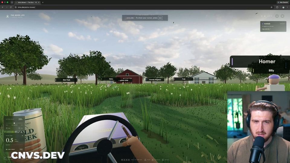 First-person lawn mower game on cnvs.dev with a beer can and grassy field, plus a streamer in headphones in the corner