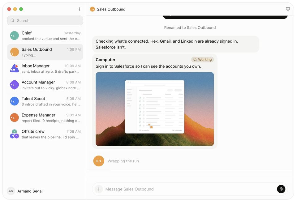 Agent chat app with agents like Chief and Sales Outbound, one asking "Sign in to Salesforce" in a computer view