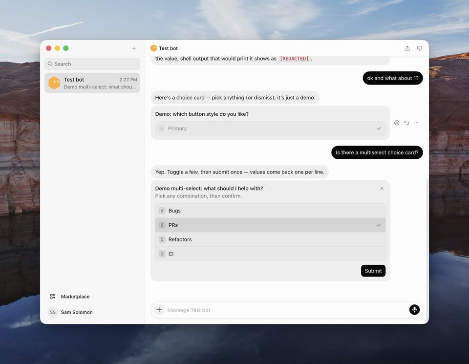 Test bot chat showing a single-select choice card and a multi-select card for Bugs, PRs, Refactors and CI