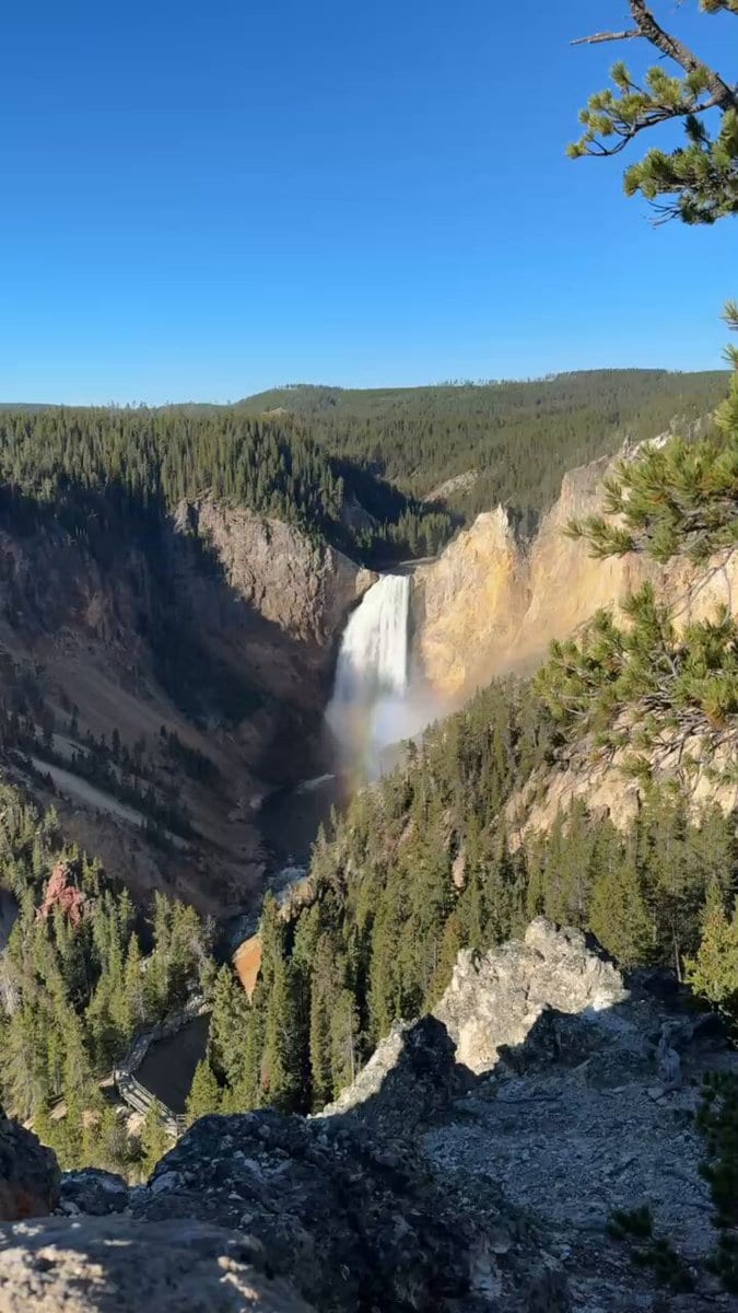 Lower Falls of the Yellowstone River plunging into a golden canyon with a faint rainbow in the mist