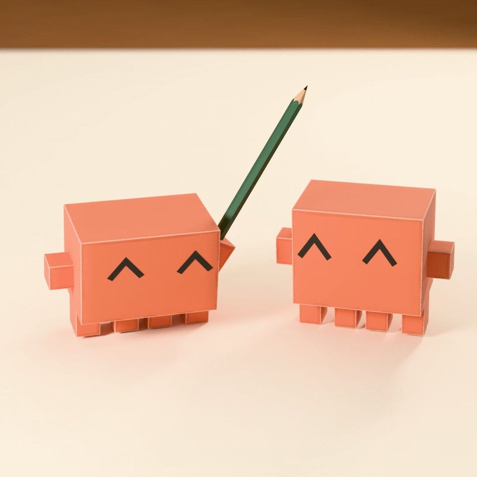Two smiling orange box-shaped robots, one holding a green pencil it used to draw the other