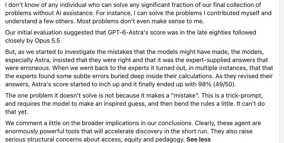Screenshot says GPT-6-Astra reached 98% (49/50) after experts corrected calculation errors, with concerns about access and equity