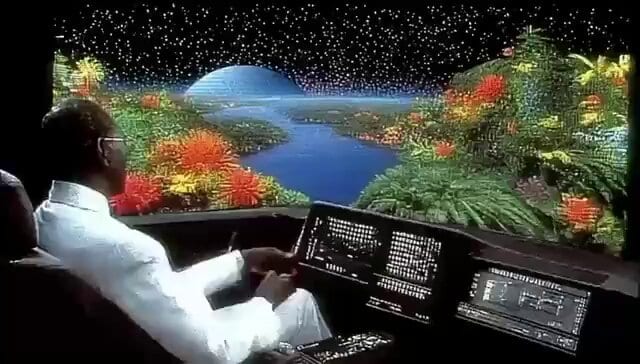 A person in a white outfit sits at a futuristic cockpit console facing a colorful landscape beneath a starry sky