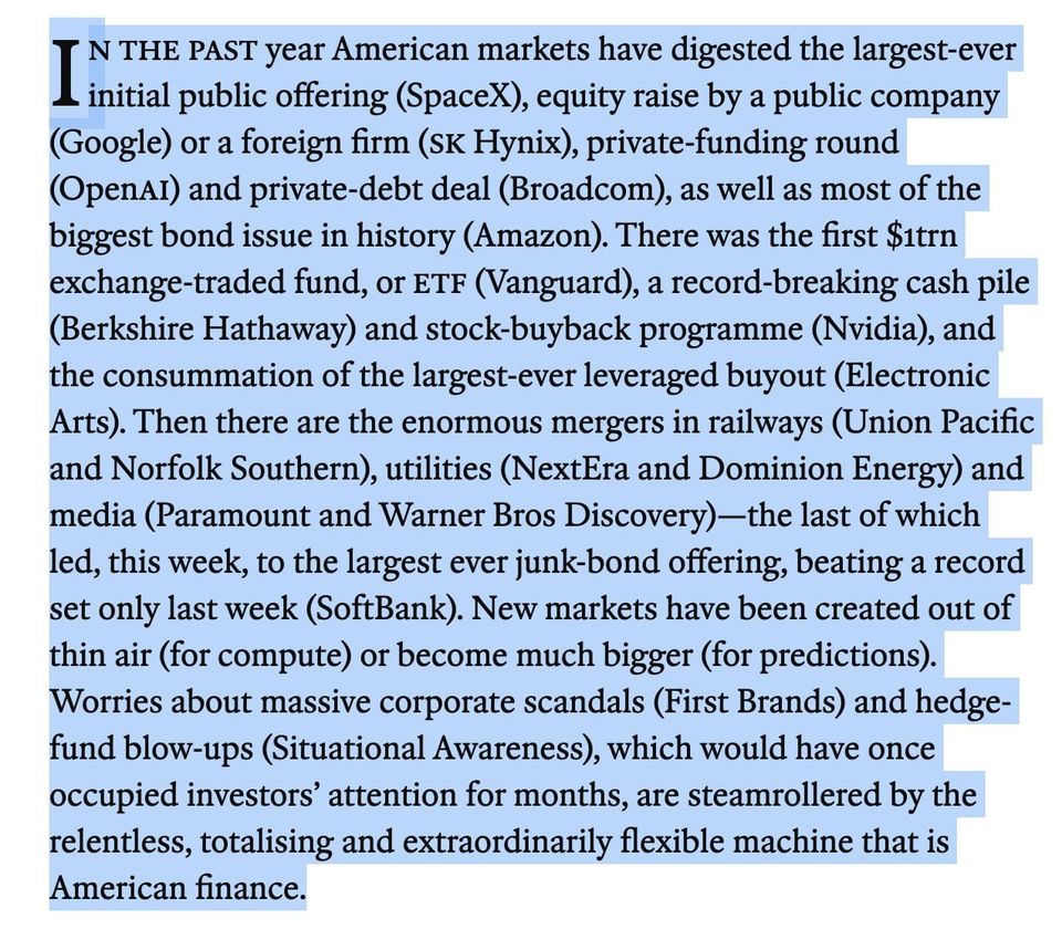 Highlighted Economist excerpt catalogs record-setting US deals and calls American finance a relentless, flexible machine