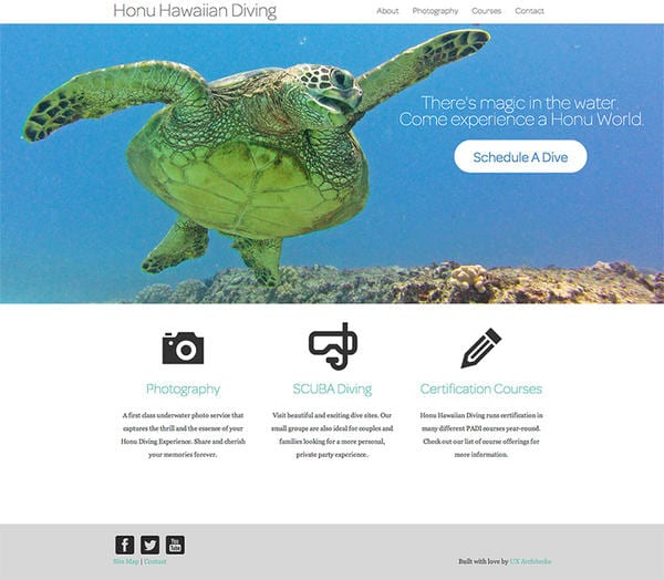 Honu Hawaiian Diving homepage with a sea turtle hero, a Schedule A Dive button and photography, scuba and courses icons