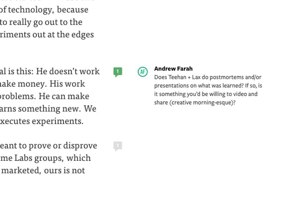Medium article with a green comment marker beside a paragraph and a side note from Andrew Farah
