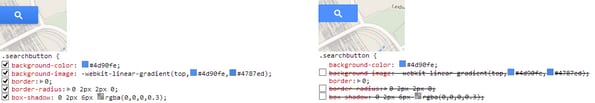 Side-by-side Google Maps search button with CSS gradient, border radius and box-shadow toggled on and then off