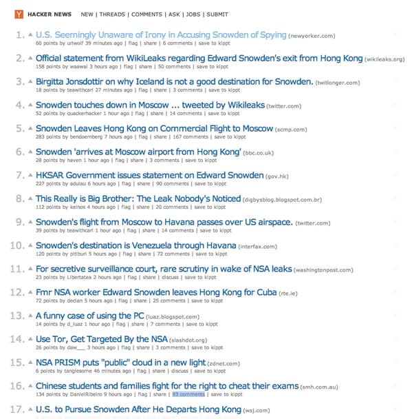 Hacker News front page where nearly every story is about Edward Snowden leaving Hong Kong and the NSA