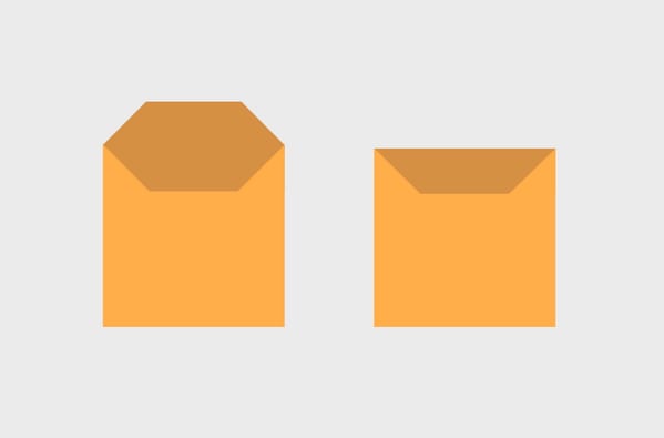 Two flat orange envelope icons on a gray background, one open with its flap up and one closed