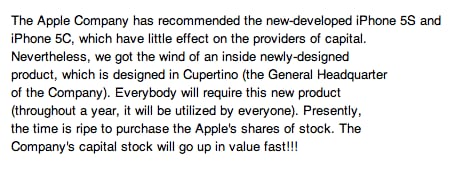 Spam text claiming Apple has a secret new product and the time is ripe to buy Apple's shares of stock