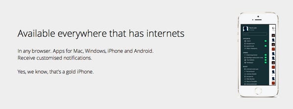 Page reading "Available everywhere that has internets" and "Yes, we know, that's a gold iPhone" beside a gold iPhone