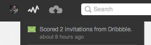 Dribbble notification reading "Scored 2 invitations from Dribbble" about 8 hours ago