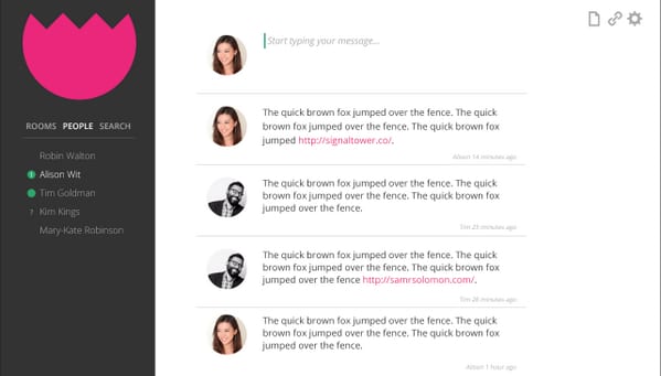 Chat app mockup with a pink logo, dark sidebar of people and a message thread with avatars