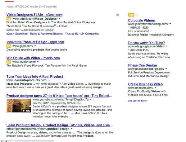 Google results for video and product design where three ads with small yellow Ad labels look like organic listings