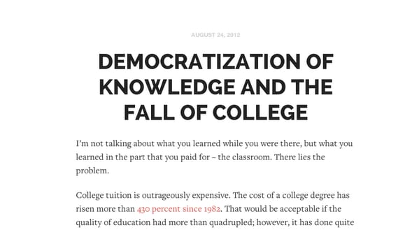 Blog post titled Democratization of Knowledge and the Fall of College in bold sans caps above serif body text