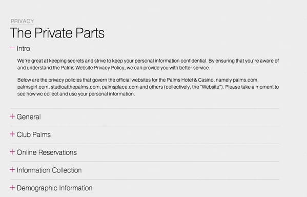 Palms website privacy page titled The Private Parts with an intro and collapsed sections like General and Club Palms