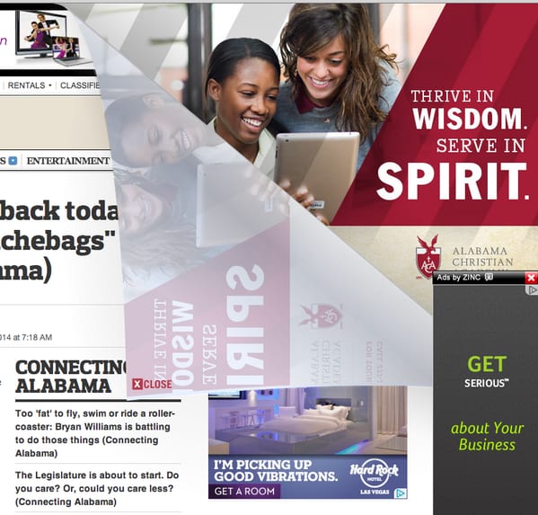 News site covered by a page-peel ad reading Thrive in Wisdom, Serve in Spirit plus Hard Rock and other banner ads