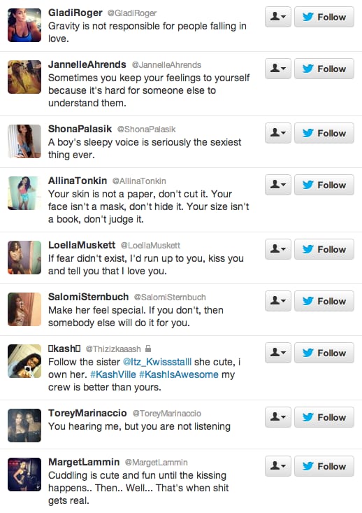 List of spam Twitter accounts with women's profile photos posting cheesy romantic quotes beside Follow buttons