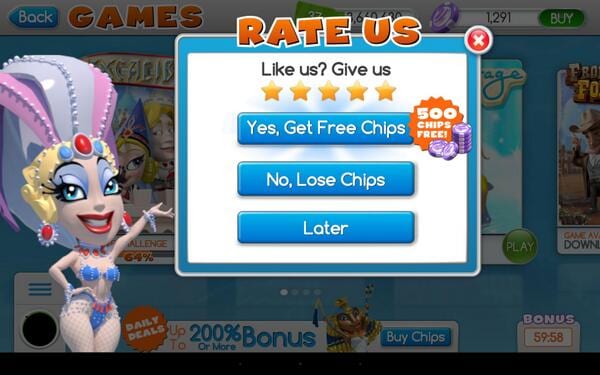 Casino game Rate Us popup with buttons reading Yes, Get Free Chips and No, Lose Chips