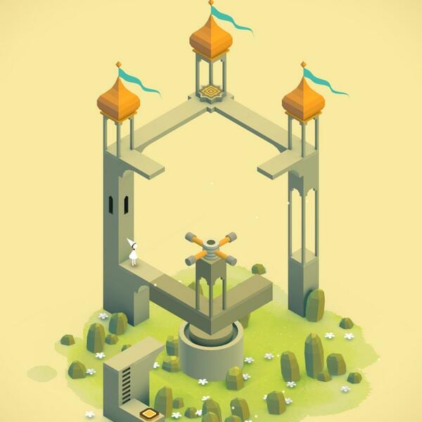 Isometric Monument Valley level with pale towers topped by orange domes and flags around a small white figure