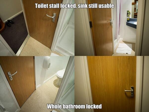 Four photos of a hotel door that swings to lock only the toilet stall or the whole bathroom