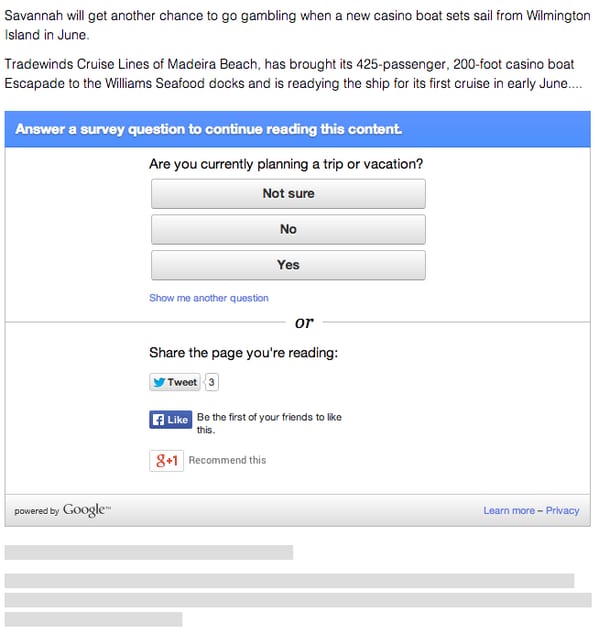 Article gate reading Answer a survey question to continue reading, with Not sure, No and Yes buttons plus share options