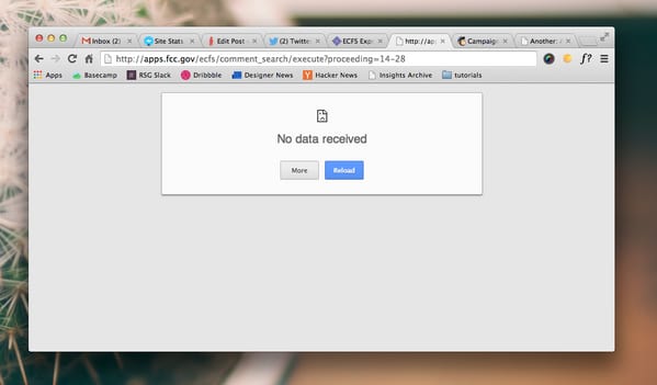 Chrome window on apps.fcc.gov showing a No data received error for proceeding 14-28