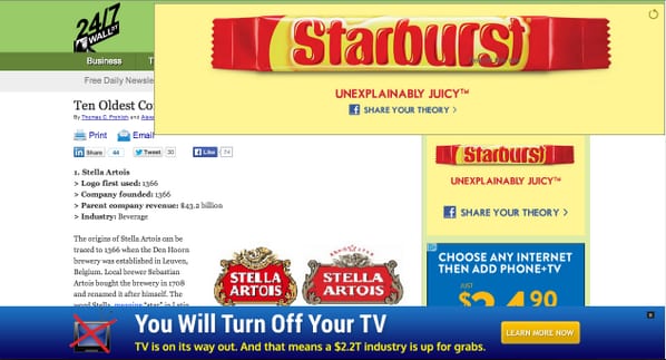 24/7 Wall St. article on oldest companies covered by Starburst banners and a You Will Turn Off Your TV ad