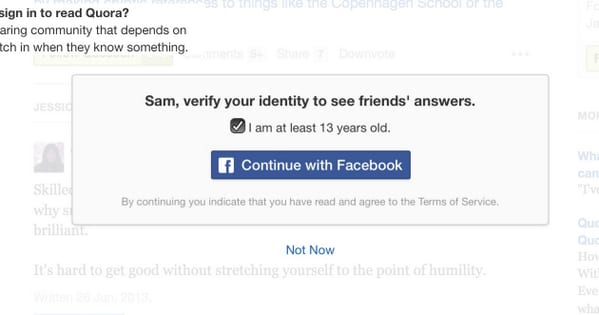 Quora modal reading "Sam, verify your identity to see friends' answers" with a Continue with Facebook button
