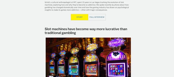Vox article with a Story and Full Interview toggle above a heading about slot machines and a photo of slots