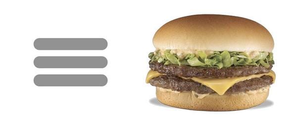 Three-line gray hamburger menu icon next to a photo of a double cheeseburger