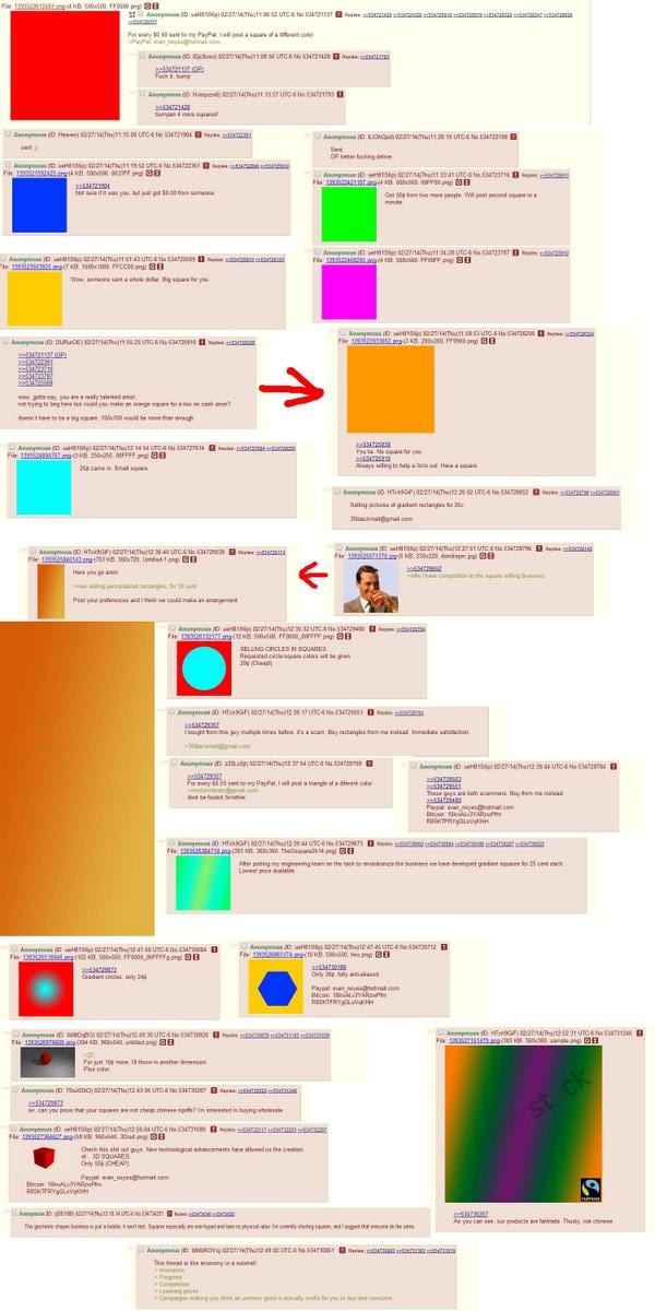 4chan thread of posts selling colored squares, circles and gradients for PayPal and Bitcoin with red arrows between