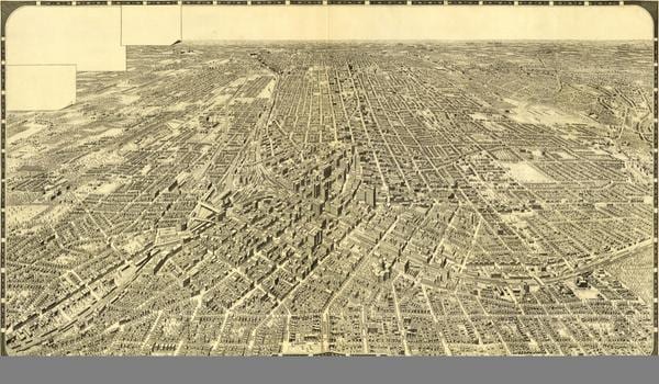 Sepia bird's-eye illustrated map of Atlanta with a dense downtown and street grid stretching to the horizon